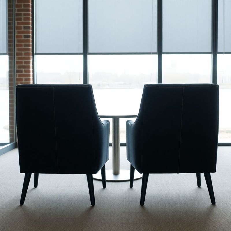 Twee lege stoelen tegenover elkaar in een minimalistisch kantoor