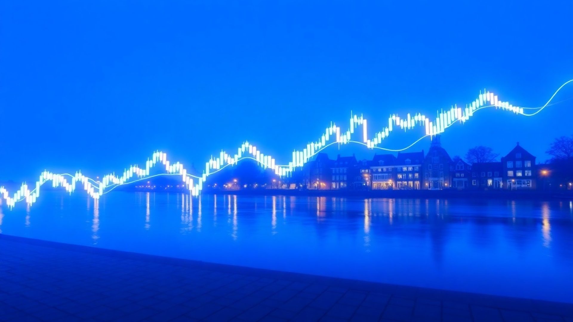 Azure-blauwe datavisualisatie met candlestick-chart en algoritmische lijnen