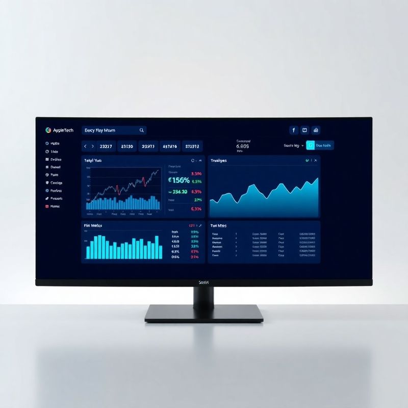Trading dashboard met azure-blauwe UI-panelen en backtestgrafieken